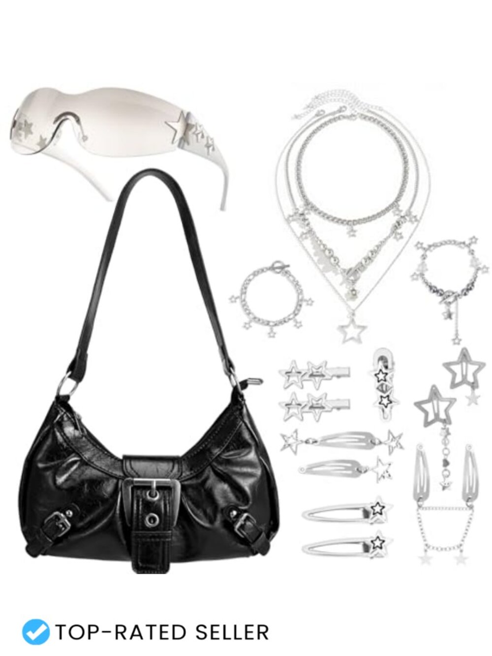 Y2K Faux Leather Shoulder Bag Vintage Hobo Purse with Star Jewelry & Sunglasses